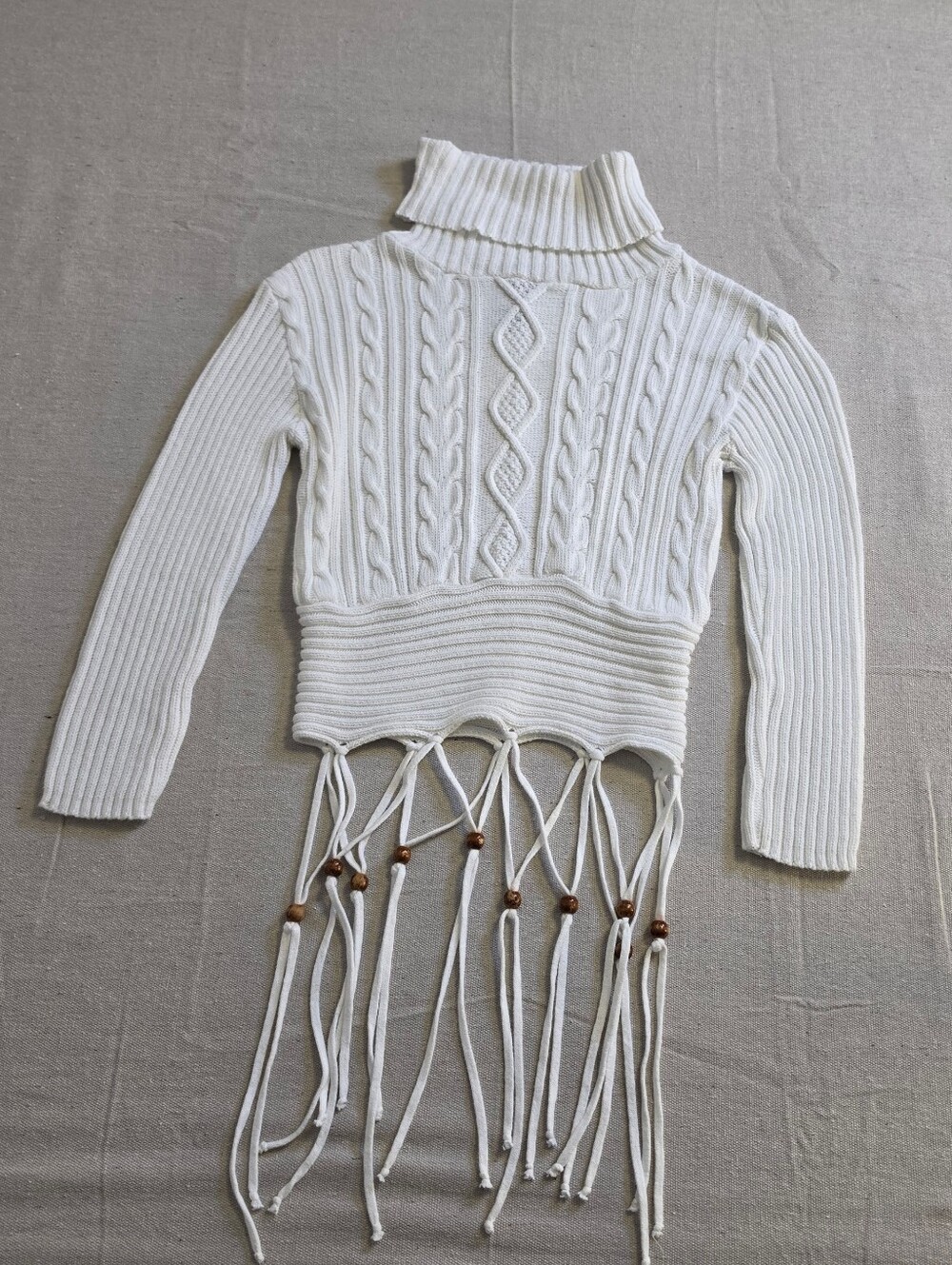 Say What Cropped Turtleneck Boho Sweater Cable Knit Beaded Fringe Hem Women's S